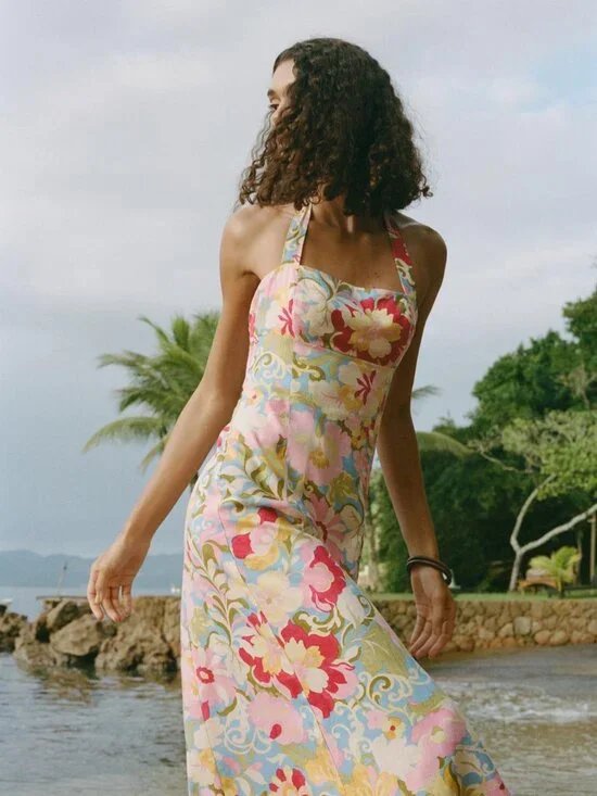 Zara Printed Linen Blend Midi Dress Halter Neck Floral Summer Beachy Size M - Picture 5 of 12